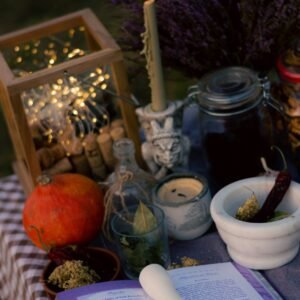 a table with candles and food on it