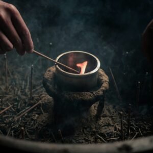 A person lighting a candle in a bowl